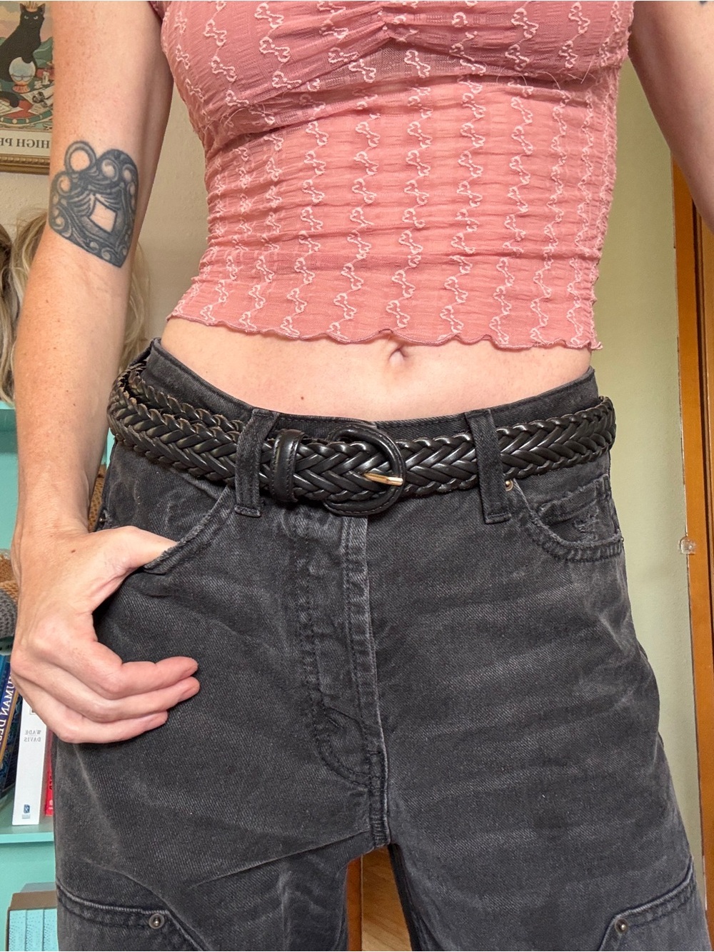 Black Woven Leather Braided Belt Size 36 Gold Buckle Classic Capsule Minimalist